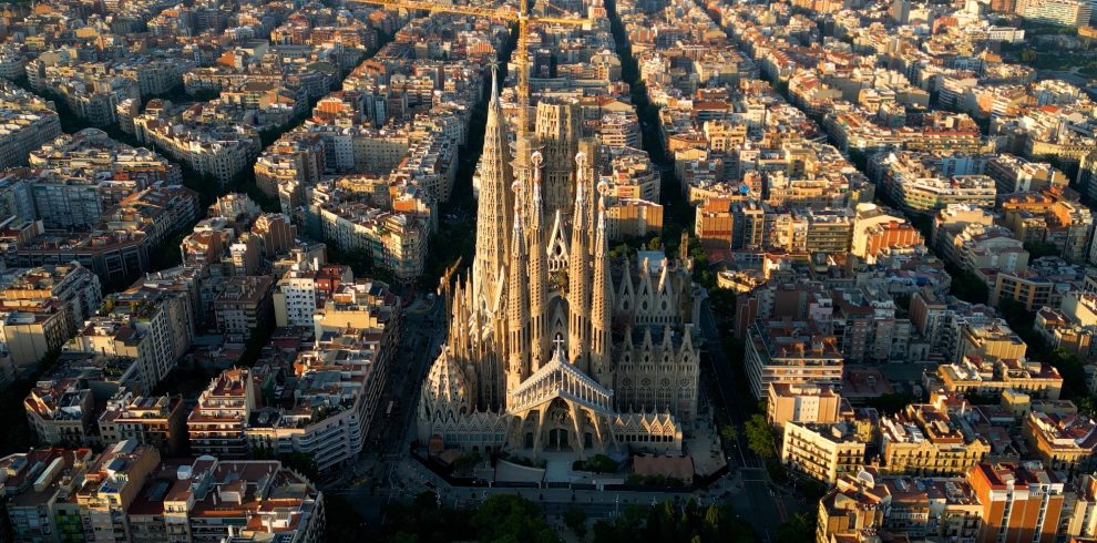 Aerial view of Barcelona City Skyline and Sagrada Familia Cathedral