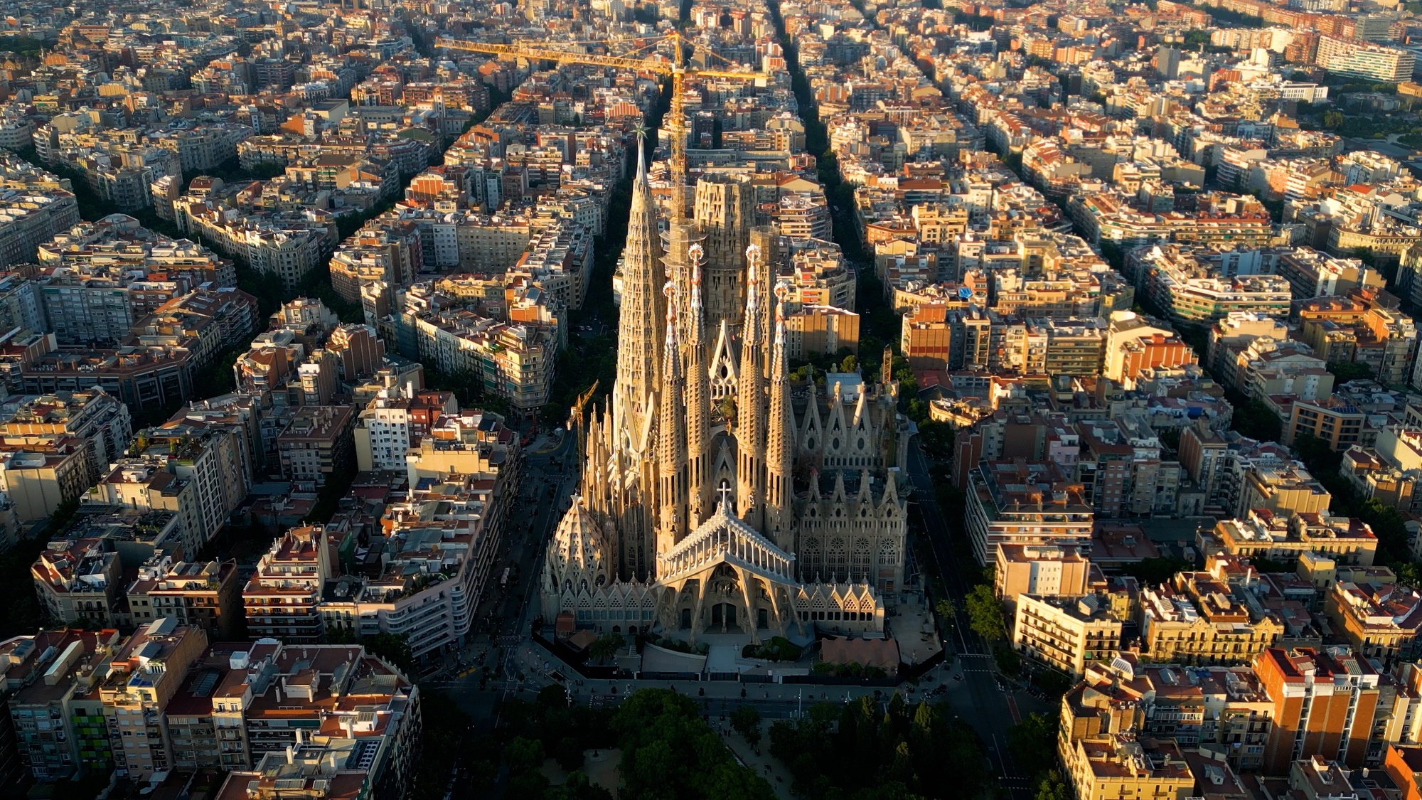 Aerial view of Barcelona City Skyline and Sagrada Familia Cathedral