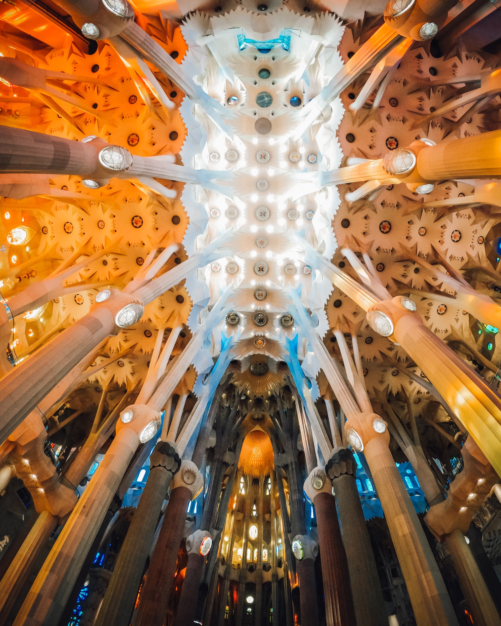 Gaudi Masterpiece Sagrada Familia Basilica.UNESCO World Heritage.View of interior,Impressive facade